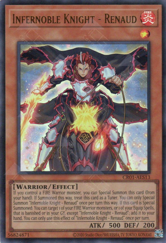 This is an image for the product Infernoble Knight - Renaud that has a rarity of Ultra Rare in the Creation Pack 01 +1 Bonus Pack with a card code of CR01-AES13 that is available on the TEKKX Product website.