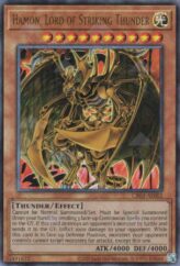 This is an image for the product Hamon, Lord of Striking Thunder that has a rarity of Ultimate Rare in the Creation Pack 03 with a card code of CR03-AE002 that is available on the TEKKX Product website.