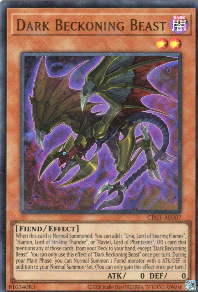 This is an image for the product Dark Beckoning Beast that has a rarity of Ultra Rare in the Creation Pack 03 with a card code of CR03-AE007 that is available on the TEKKX Product website.