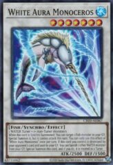 This is an image for the product White Aura Monoceros that has a rarity of Super Rare in the Creation Pack 03 with a card code of CR03-AE067 that is available on the TEKKX Product website.
