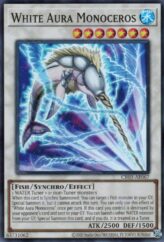 This is an image for the product White Aura Monoceros that has a rarity of Super Rare in the Creation Pack 03 with a card code of CR03-AE067 that is available on the TEKKX Product website.