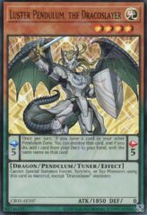 This is an image for the product Luster Pendulum, the Dracoslayer that has a rarity of Ultra Rare in the Creation Pack 03 with a card code of CR03-AE107 that is available on the TEKKX Product website.