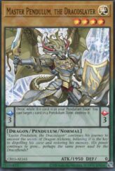 This is an image for the product Master Pendulum, the Dracoslayer that has a rarity of Ultra Rare in the Creation Pack 03 with a card code of CR03-AE165 that is available on the TEKKX Product website.