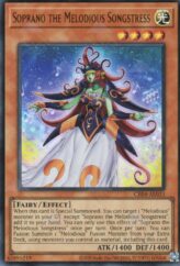 This is an image for the product Soprano the Melodious Songstress that has a rarity of Ultra Rare in the Creation Pack 04 +1 Bonus Pack with a card code of CR04-AES02 that is available on the TEKKX Product website.