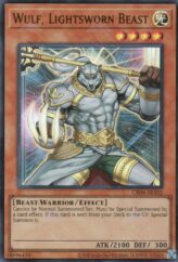 This is an image for the product Wulf, Lightsworn Beast that has a rarity of Ultra Rare in the Creation Pack 04 with a card code of CR04-AE102 that is available on the TEKKX Product website.