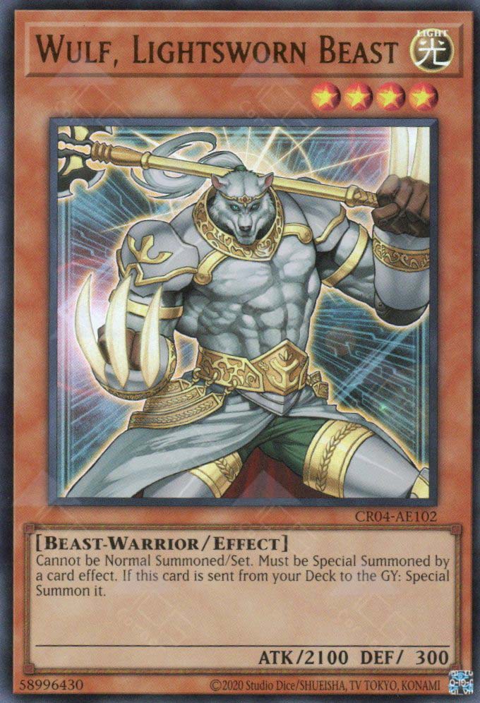 This is an image for the product Wulf, Lightsworn Beast that has a rarity of Ultra Rare in the Creation Pack 04 with a card code of CR04-AE102 that is available on the TEKKX Product website.