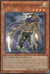 This is an image for the product Raiden, Hand of the Lightsworn that has a rarity of Super Rare in the Creation Pack 04 with a card code of CR04-AE105 that is available on the TEKKX Product website.