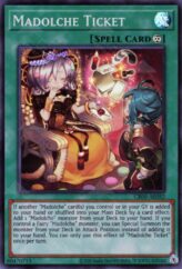 This is an image for the product Madolche Ticket that has a rarity of Super Rare in the Creation Pack 05 with a card code of CR05-AE052 that is available on the TEKKX Product website.