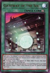 This is an image for the product Gateway of the Six that has a rarity of Ultra Rare in the Creation Pack 05 with a card code of CR05-AE142 that is available on the TEKKX Product website.