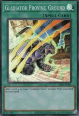 This is an image for the product Gladiator Proving Ground that has a rarity of Super Rare in the Creation Pack 06 with a card code of CR06-AE066 that is available on the TEKKX Product website.