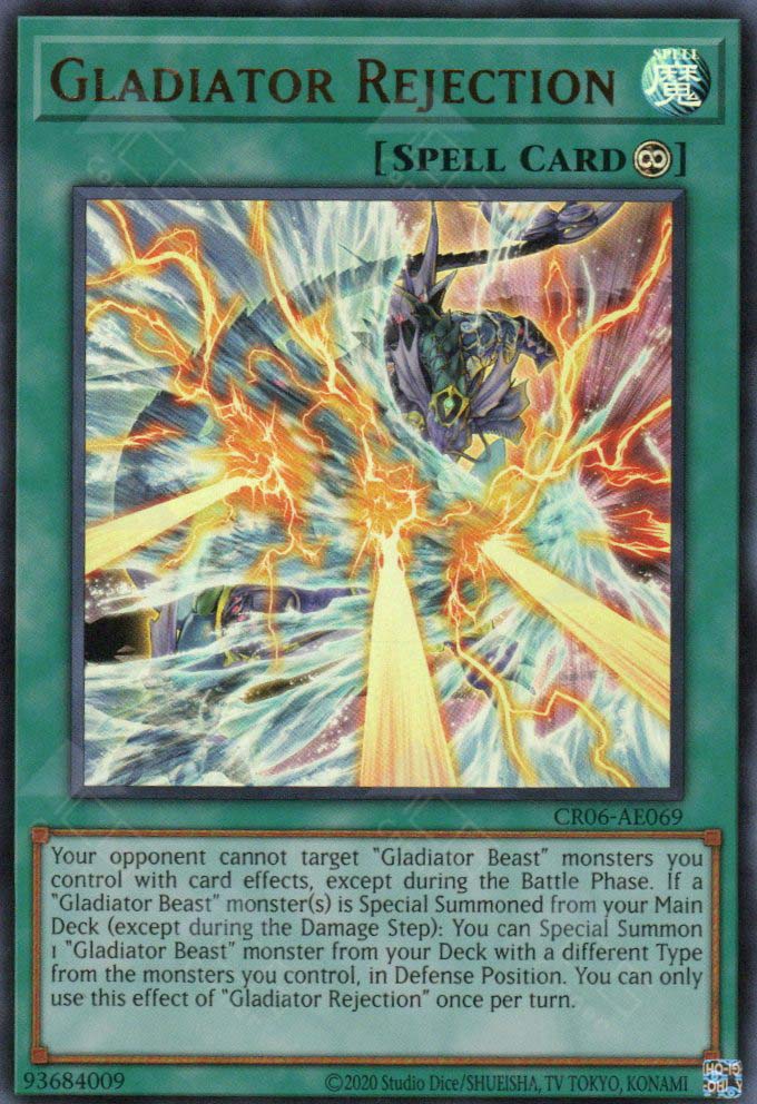 This is an image for the product Gladiator Rejection that has a rarity of Ultra Rare in the Creation Pack 06 with a card code of CR06-AE069 that is available on the TEKKX Product website.