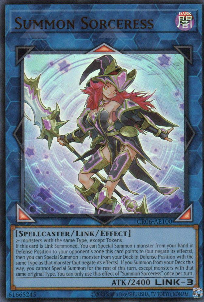 This is an image for the product Summon Sorceress that has a rarity of Ultra Rare in the Creation Pack 06 with a card code of CR06-AE100 that is available on the TEKKX Product website.