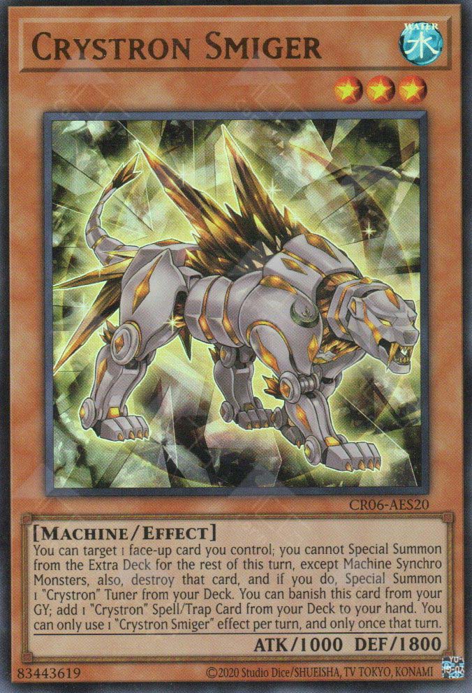 This is an image for the product Crystron Smiger that has a rarity of Ultra Rare in the Creation Pack 06 +1 Bonus Pack with a card code of CR06-AES20 that is available on the TEKKX Product website.