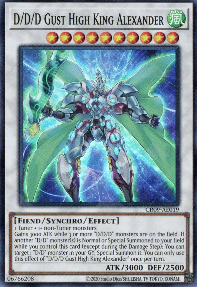 This is an image for the product D/D/D Gust High King Alexander that has a rarity of Super Rare in the Creation Pack 09 with a card code of CR09-AE019 that is available on the TEKKX Product website.