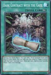 This is an image for the product Dark Contract with the Gate that has a rarity of Super Rare in the Creation Pack 09 with a card code of CR09-AE026 that is available on the TEKKX Product website.
