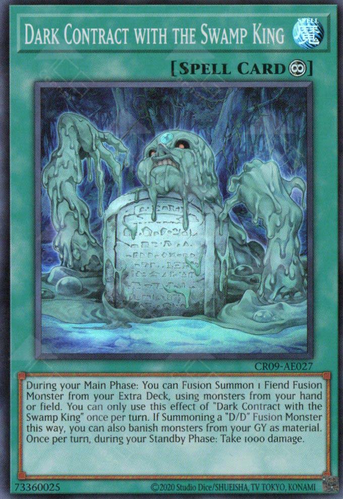 This is an image for the product Dark Contract with the Swamp King that has a rarity of Super Rare in the Creation Pack 09 with a card code of CR09-AE027 that is available on the TEKKX Product website.