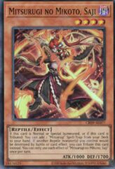 This is an image for the product Mitsurugi no Mikoto, Saji that has a rarity of Super Rare in the Creation Pack 09 with a card code of CR09-AE077 that is available on the TEKKX Product website.