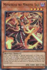 This is an image for the product Mitsurugi no Mikoto, Saji that has a rarity of Super Rare in the Creation Pack 09 with a card code of CR09-AE077 that is available on the TEKKX Product website.