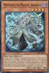 This is an image for the product Mitsurugi no Mikoto, Aramasa that has a rarity of Ultra Rare in the Creation Pack 09 with a card code of CR09-AE078 that is available on the TEKKX Product website.