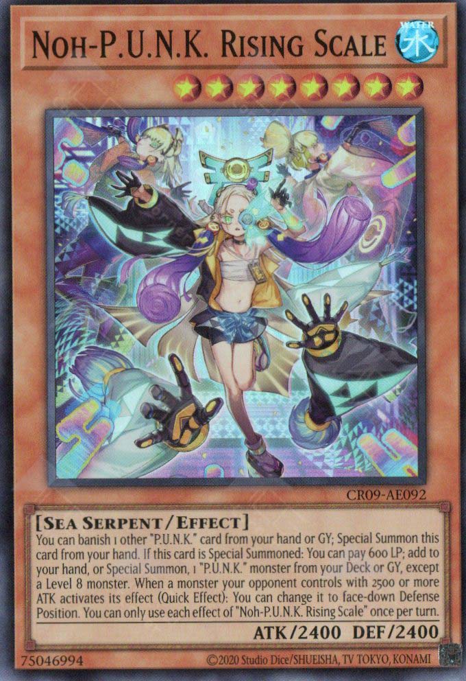 This is an image for the product Noh-P.U.N.K. Rising Scale that has a rarity of Super Rare in the Creation Pack 09 with a card code of CR09-AE092 that is available on the TEKKX Product website.