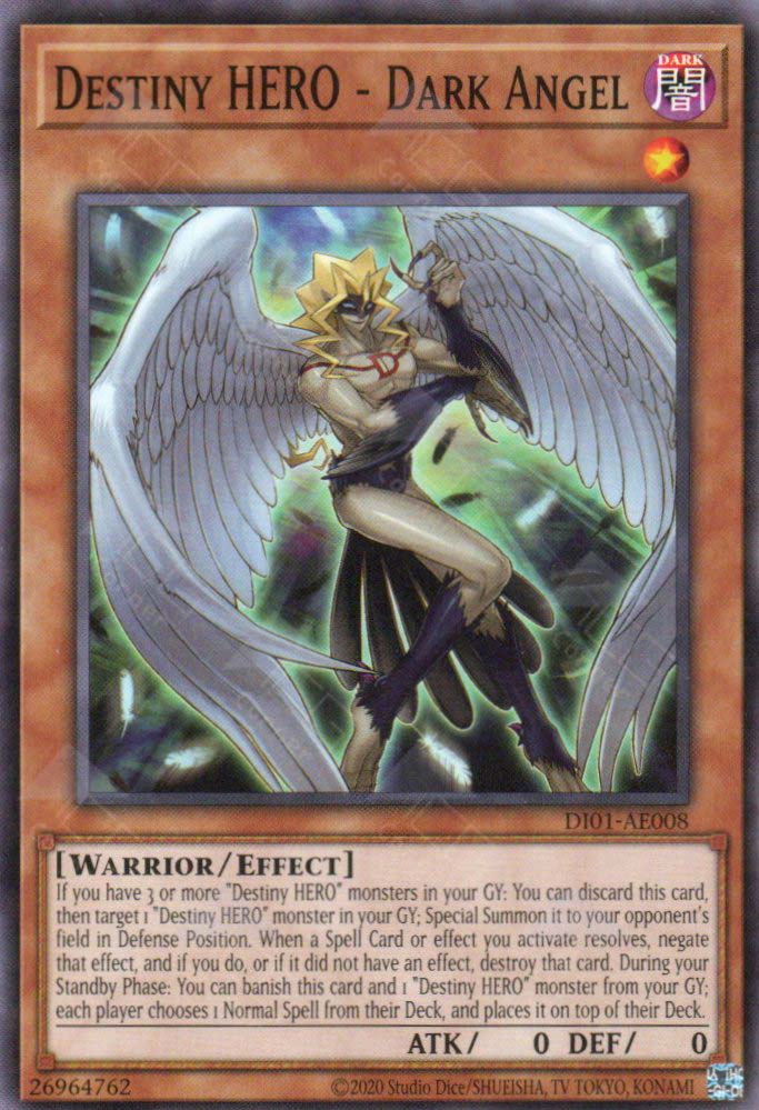 This is an image for the product Destiny HERO - Dark Angel that has a rarity of Common in the Duel-Ignition Deck: HERO with a card code of DI01-AE008 that is available on the TEKKX Product website.