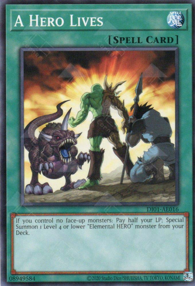 This is an image for the product A Hero Lives that has a rarity of Common in the Duel-Ignition Deck: HERO with a card code of DI01-AE016 that is available on the TEKKX Product website.