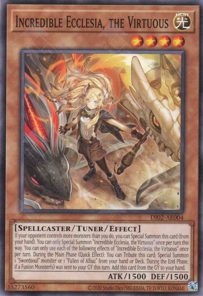 This is an image for the product Incredible Ecclesia, the Virtuous that has a rarity of Common in the Duel-Ignition Deck: Swordsoul with a card code of DI02-AE004 that is available on the TEKKX Product website.