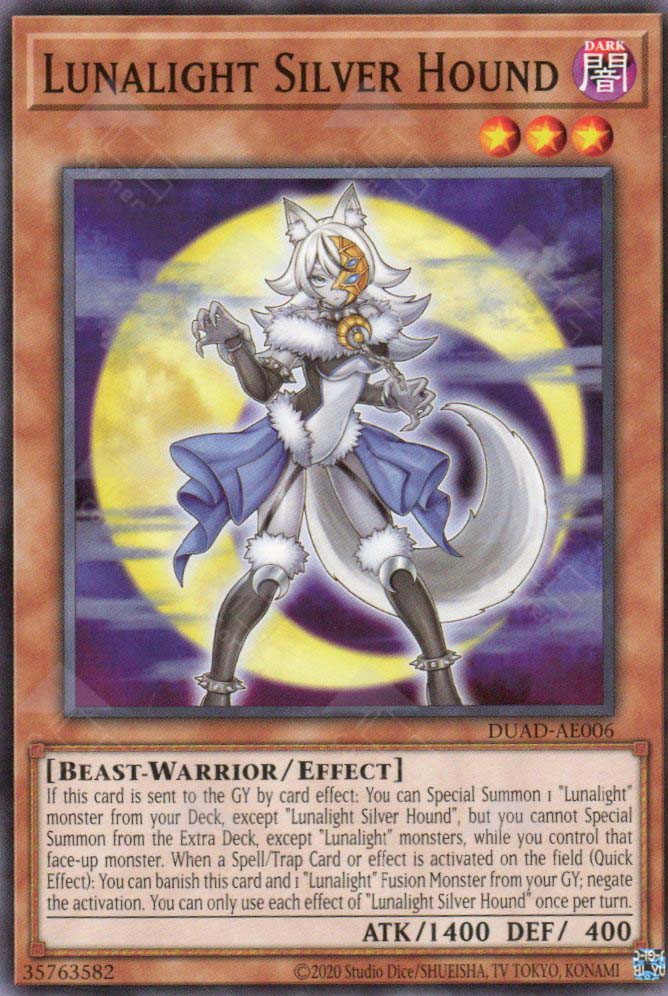 This is an image for the product Lunalight Silver Hound that has a rarity of Common in the Duelist's Advance with a card code of DUAD-AE006 that is available on the TEKKX Product website.
