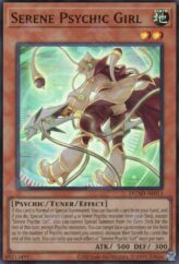 This is an image for the product Serene Psychic Girl that has a rarity of Super Rare in the Duelist's Advance with a card code of DUAD-AE013 that is available on the TEKKX Product website.