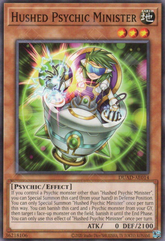This is an image for the product Hushed Psychic Minister that has a rarity of Common in the Duelist's Advance with a card code of DUAD-AE014 that is available on the TEKKX Product website.