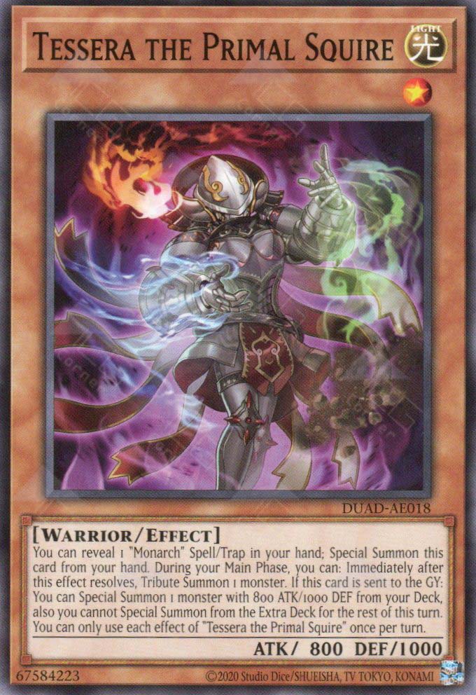 This is an image for the product Tessera the Primal Squire that has a rarity of Common in the Duelist's Advance with a card code of DUAD-AE018 that is available on the TEKKX Product website.