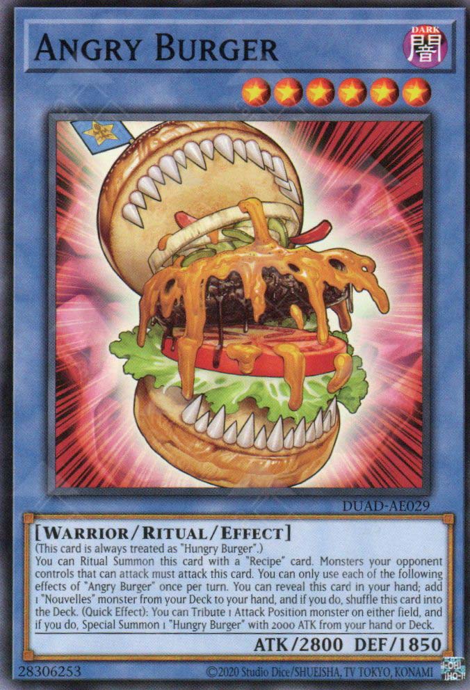 This is an image for the product Angry Burger that has a rarity of Common in the Duelist's Advance with a card code of DUAD-AE029 that is available on the TEKKX Product website.