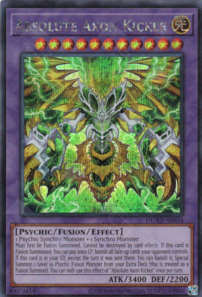 This is an image for the product Absolute Axon Kicker that has a rarity of Secret Rare in the Duelist's Advance with a card code of DUAD-AE034 that is available on the TEKKX Product website.