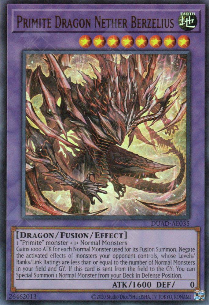 This is an image for the product Primite Dragon Nether Berzelius that has a rarity of Ultra Rare in the Duelist's Advance with a card code of DUAD-AE035 that is available on the TEKKX Product website.