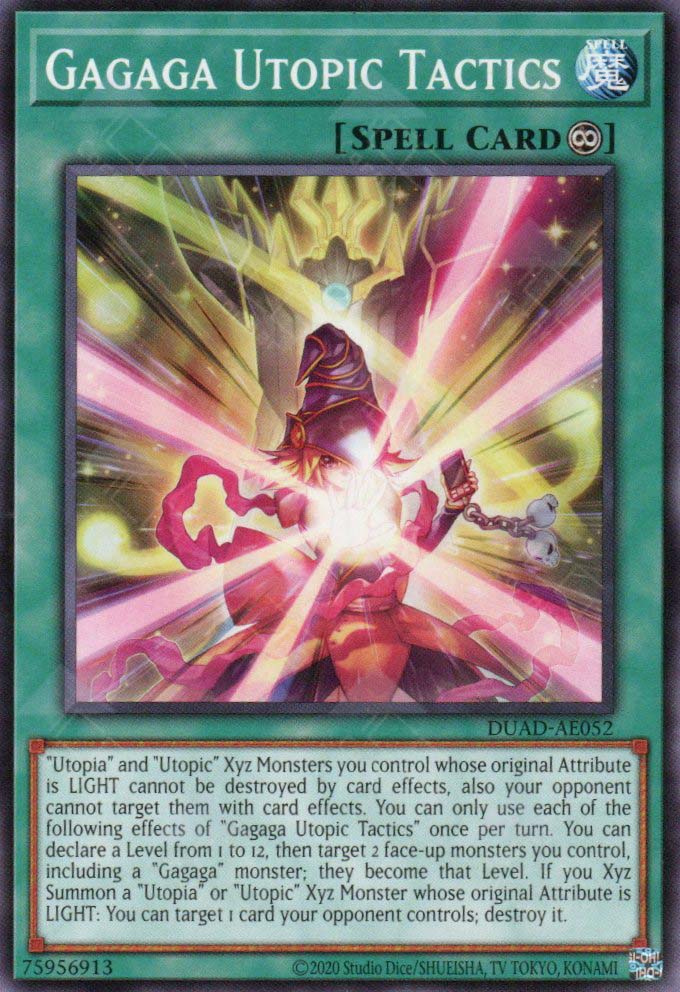 This is an image for the product Gagaga Utopic Tactics that has a rarity of Common in the Duelist's Advance with a card code of DUAD-AE052 that is available on the TEKKX Product website.