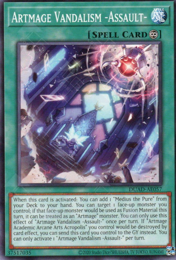 This is an image for the product Artmage Vandalism -Assault- that has a rarity of Common in the Duelist's Advance with a card code of DUAD-AE057 that is available on the TEKKX Product website.