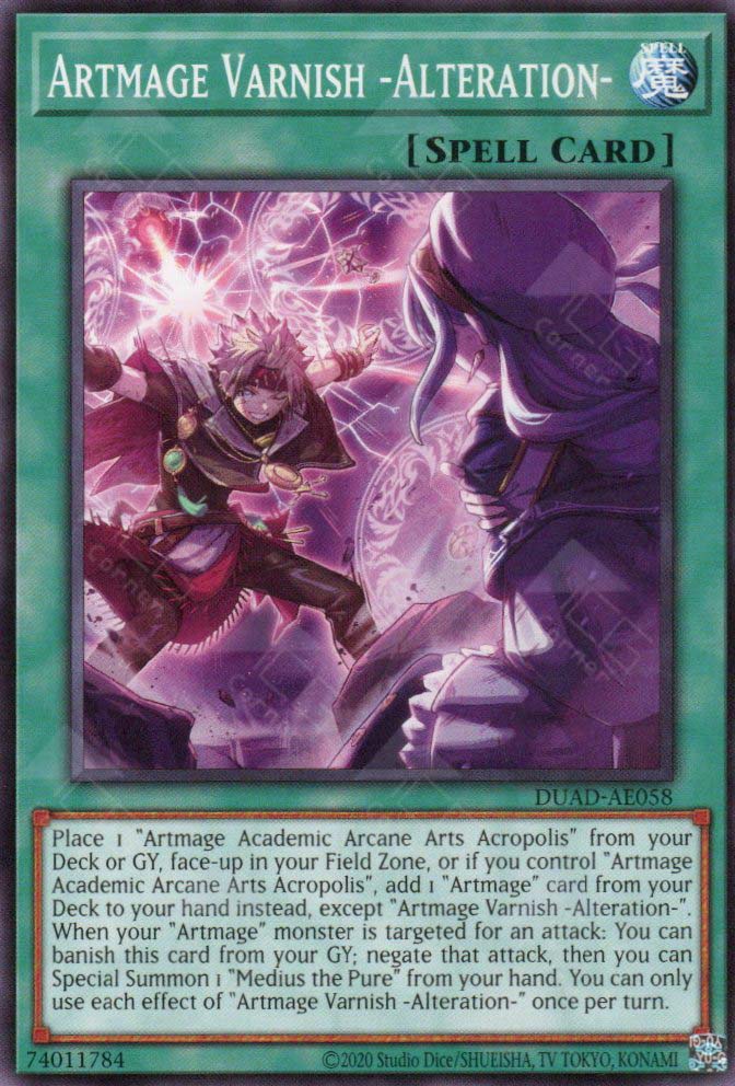 This is an image for the product Artmage Varnish -Alteration- that has a rarity of Common in the Duelist's Advance with a card code of DUAD-AE058 that is available on the TEKKX Product website.