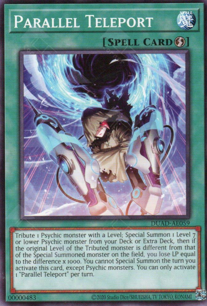 This is an image for the product Parallel Teleport that has a rarity of Common in the Duelist's Advance with a card code of DUAD-AE059 that is available on the TEKKX Product website.