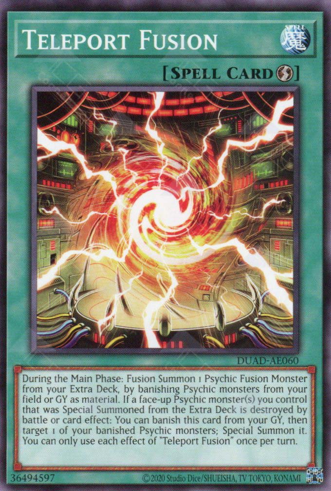 This is an image for the product Teleport Fusion that has a rarity of Common in the Duelist's Advance with a card code of DUAD-AE060 that is available on the TEKKX Product website.