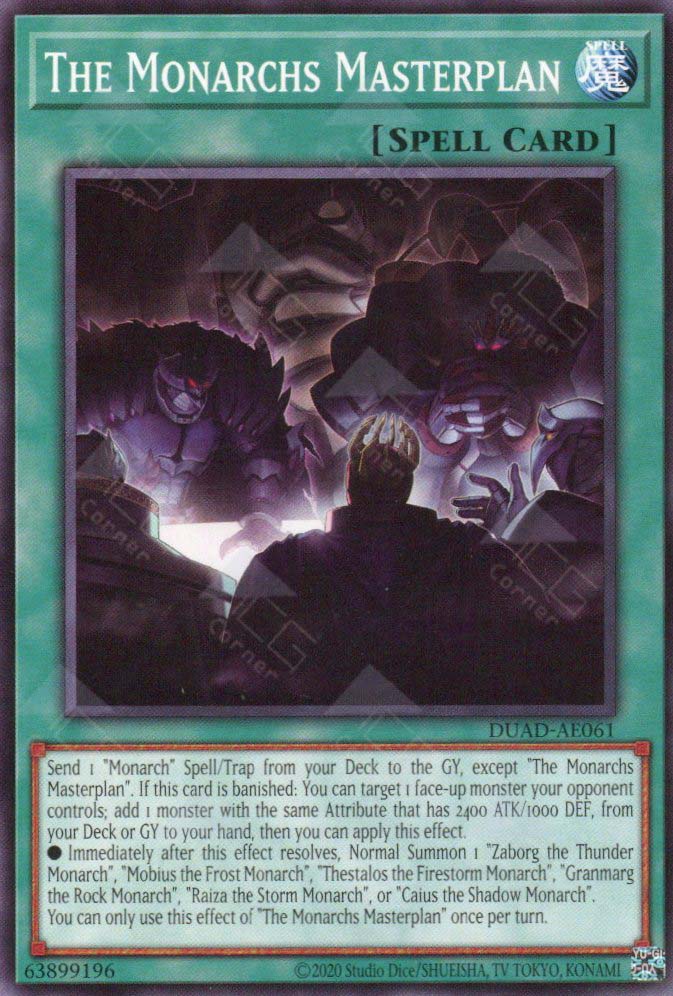 This is an image for the product The Monarchs Masterplan that has a rarity of Common in the Duelist's Advance with a card code of DUAD-AE061 that is available on the TEKKX Product website.