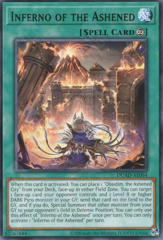 This is an image for the product Inferno of the Ashened that has a rarity of Rare in the Duelist's Advance with a card code of DUAD-AE064 that is available on the TEKKX Product website.