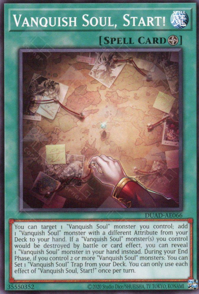 This is an image for the product Vanquish Soul, Start! that has a rarity of Common in the Duelist's Advance with a card code of DUAD-AE066 that is available on the TEKKX Product website.