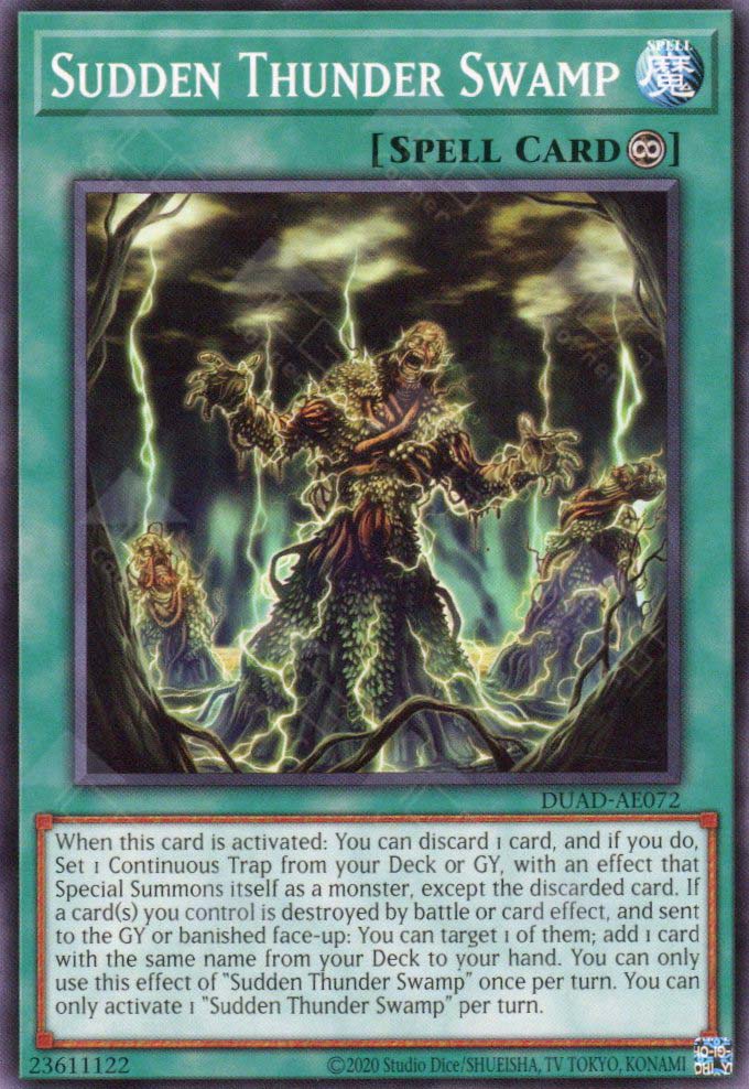 This is an image for the product Sudden Thunder Swamp that has a rarity of Common in the Duelist's Advance with a card code of DUAD-AE072 that is available on the TEKKX Product website.