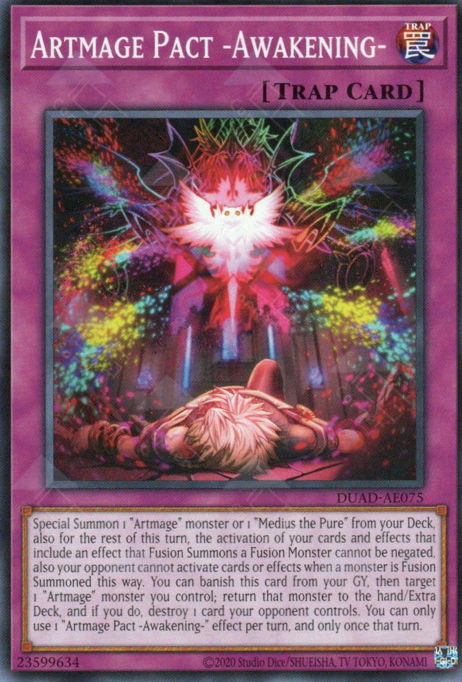 This is an image for the product Artmage Pact -Awakening- that has a rarity of Common in the Duelist's Advance with a card code of DUAD-AE075 that is available on the TEKKX Product website.