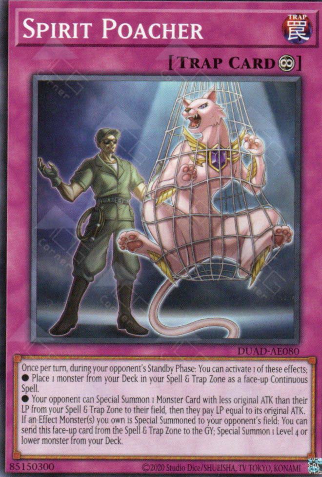This is an image for the product Spirit Poacher that has a rarity of Common in the Duelist's Advance with a card code of DUAD-AE080 that is available on the TEKKX Product website.