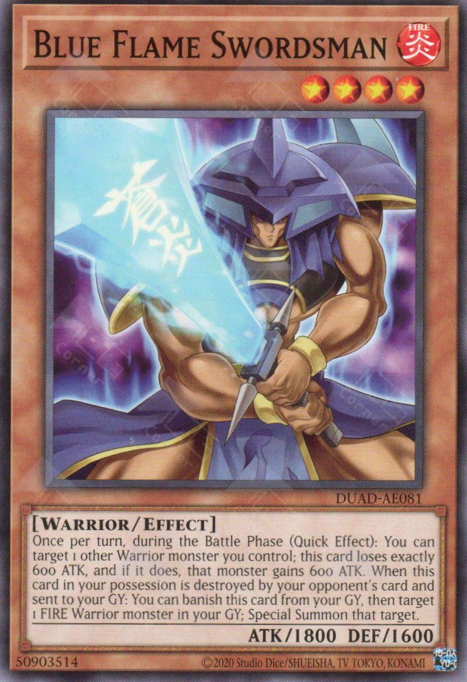 This is an image for the product Blue Flame Swordsman that has a rarity of Common in the Duelist's Advance with a card code of DUAD-AE081 that is available on the TEKKX Product website.