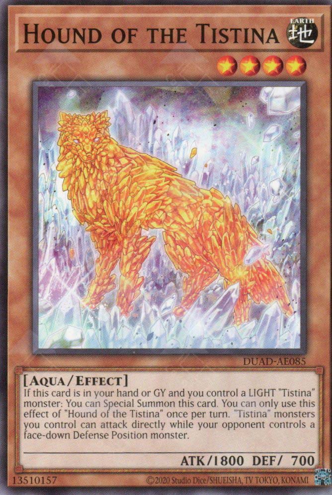 This is an image for the product Hound of the Tistina that has a rarity of Common in the Duelist's Advance with a card code of DUAD-AE085 that is available on the TEKKX Product website.