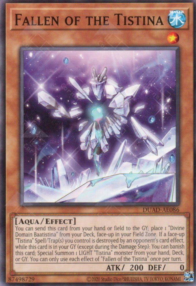 This is an image for the product Fallen of the Tistina that has a rarity of Common in the Duelist's Advance with a card code of DUAD-AE086 that is available on the TEKKX Product website.