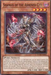 This is an image for the product Shaman of the Ashened City that has a rarity of Common in the Duelist's Advance with a card code of DUAD-AE093 that is available on the TEKKX Product website.