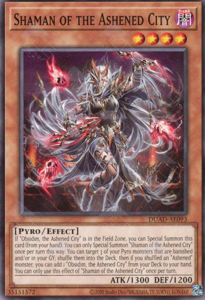 This is an image for the product Shaman of the Ashened City that has a rarity of Common in the Duelist's Advance with a card code of DUAD-AE093 that is available on the TEKKX Product website.